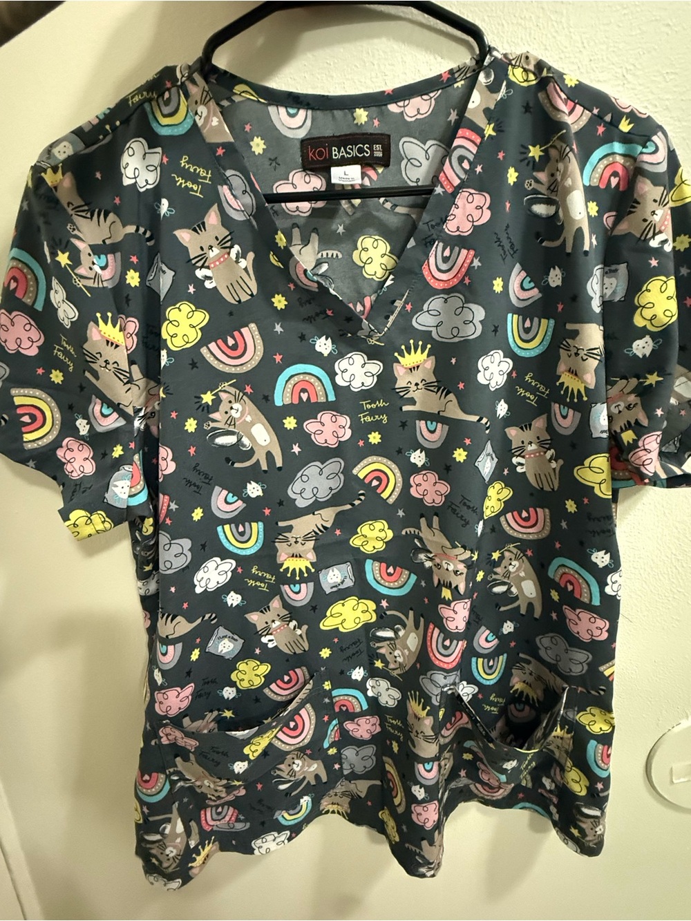 koi Charcoal Cat & Rainbow Print Scrub Top